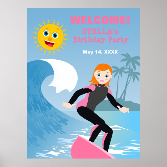Surfans upp Girly-Födelsedagsfest Poster (Framsidan)