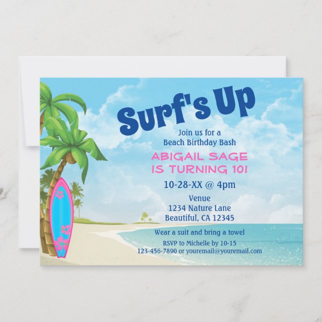 Surfans upp- och Rosa- och Blue Surfboard Beach Bi Inbjudningar (Framsida)