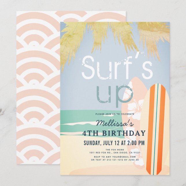 Surfans upp Surfboard Beach Girl Birthday Inbjudningar (Fram/baksida)