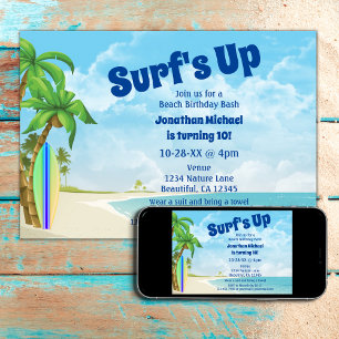 Surfans upp-ytbord och beach-Surfing Birthday Inbjudningar