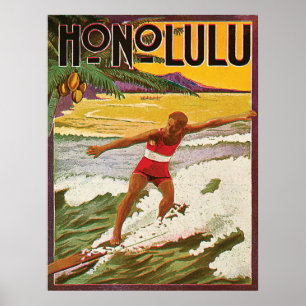 Surfaren på Honolulu tropisk strand, vintage resa Poster