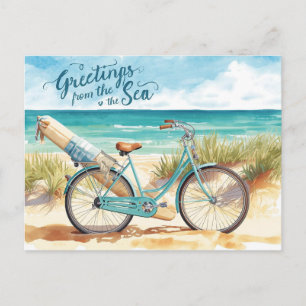 Surfares hälsning från havet med bräda och cykel helg vykort
