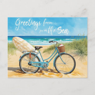 Surfares hälsning från havet med bräda och cykel vykort