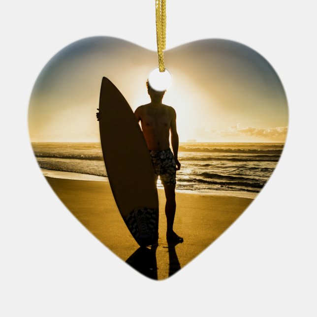 Surfaresilhouette under soluppgång julgransprydnad keramik (Framsidan)