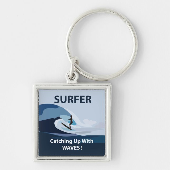 Surfarstrand Surfing  Fyrkantig Silverfärgad Nyckelring (Framsidan)