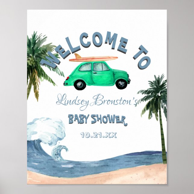 Surfbil Coconut Träd Blue Beach Baby Shower Poster (Framsidan)