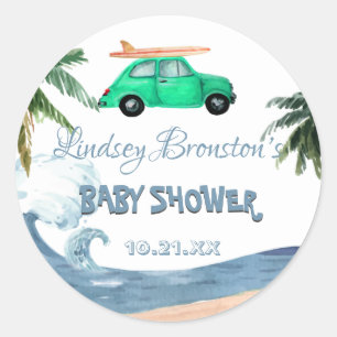 Surfbil Coconut Träd Blue Beach Baby Shower Runt Klistermärke