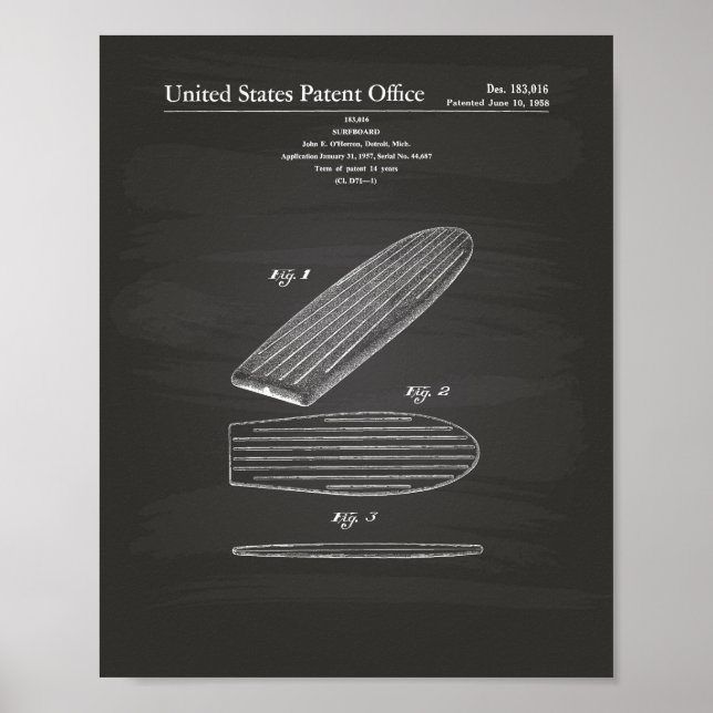 Surfboard 1958 Patent Art Chalkboard Poster (Framsidan)
