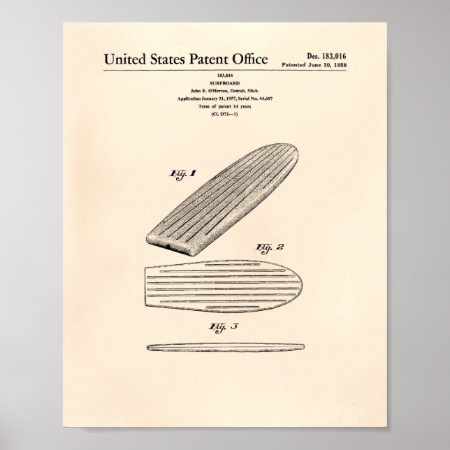 Surfboard 1958 Patent Art Old Peper Poster (Framsidan)
