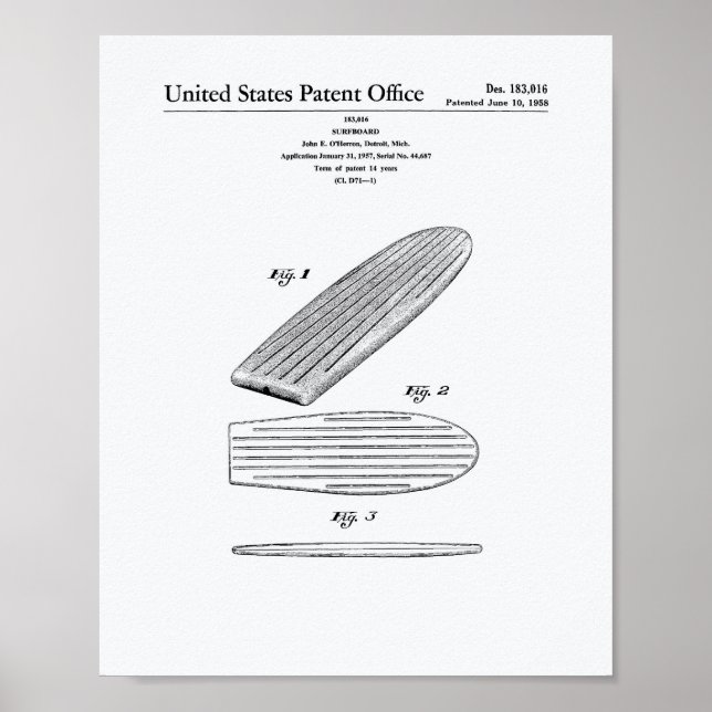 Surfboard 1958 Patent Art White Papper Poster (Framsidan)
