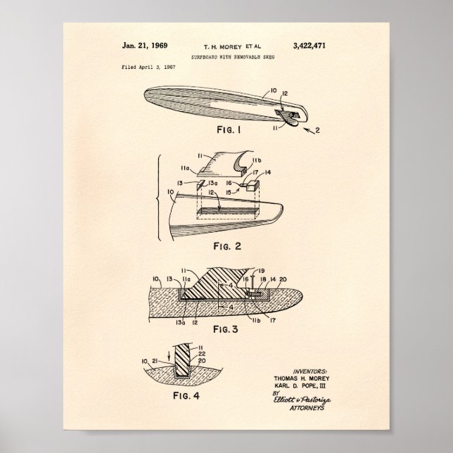 Surfboard 1969 Patent Art Old Peper Poster (Framsidan)