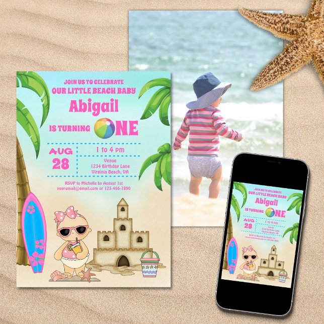 Surfboard Baby 1:a födelsedagsdagen PHOTO Inbjudningar (Printed (Front and Back) and Digital Girl Beach Baby Surfboard 1st Birthday PHOTO Invitation)