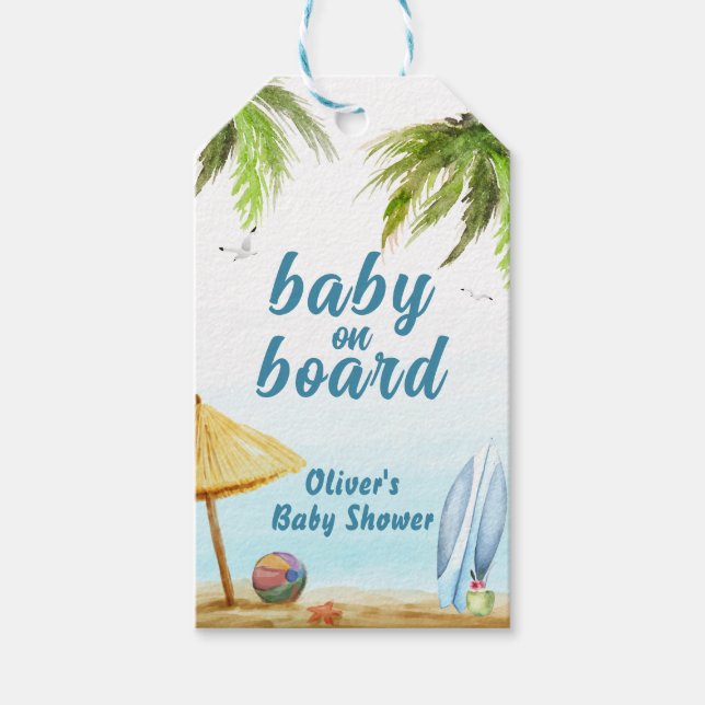 Surfboard Baby Shower för sommarströ Presentetikett (Framsidan)