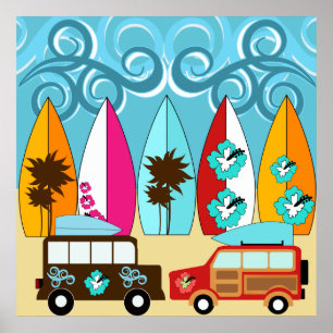 Surfboard Beach Surfing Hippie Vans Poster