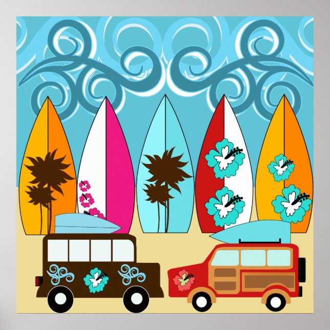 Surfboard Beach Surfing Hippie Vans Poster (Framsidan)