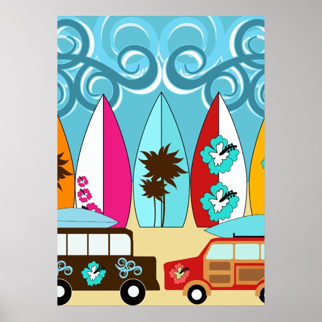 Surfboard Beach Surfing Hippie Vans Poster (Framsidan)
