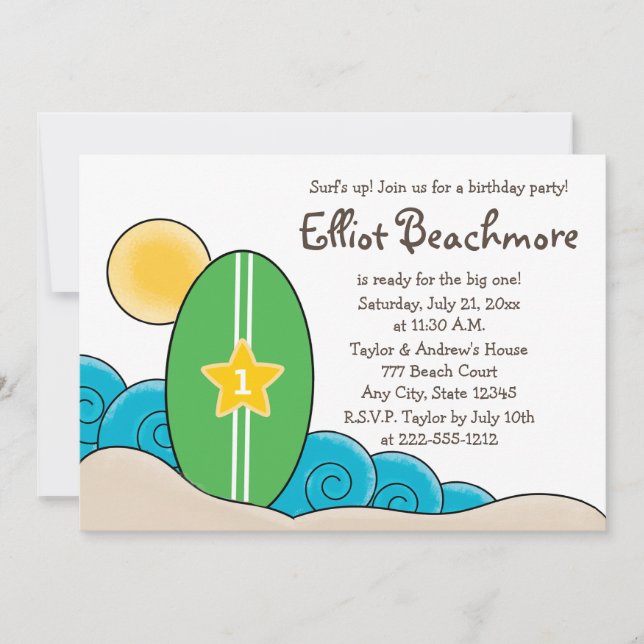 Surfboard Födelsedagsfest för barn (alla åldrar) Inbjudningar (Framsida)