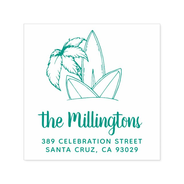 Surfboard & Handflatan Träd Family Namn Returadres Självfärgande Stämpel (Design)