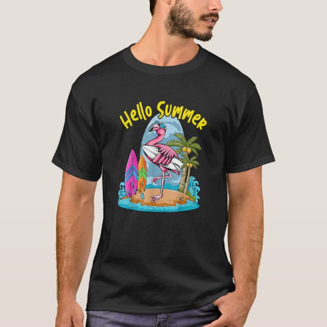 Surfboard Hej Summer Flamingo Beach Summer Vaca T Shirt (Framsida)