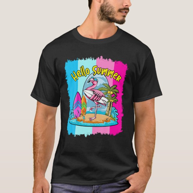 Surfboard Hello Summer Flamingo Funny Beach Summer T Shirt (Framsida)