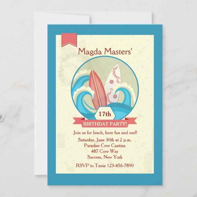 Surfboard i inbjudan till Vågar (Framsida)