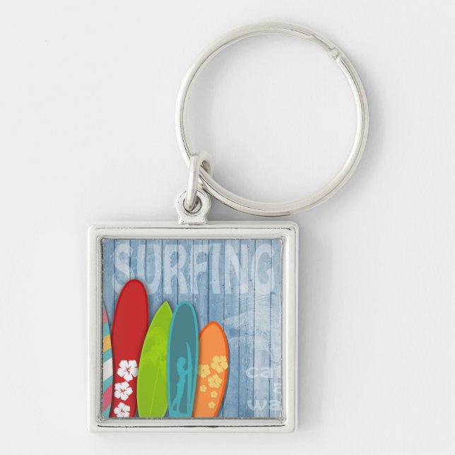 Surfboard Keychain Fyrkantig Silverfärgad Nyckelring (Framsidan)