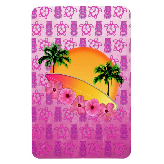 Surfboard och Hibiscus Flowers Magnet (Vertikal)