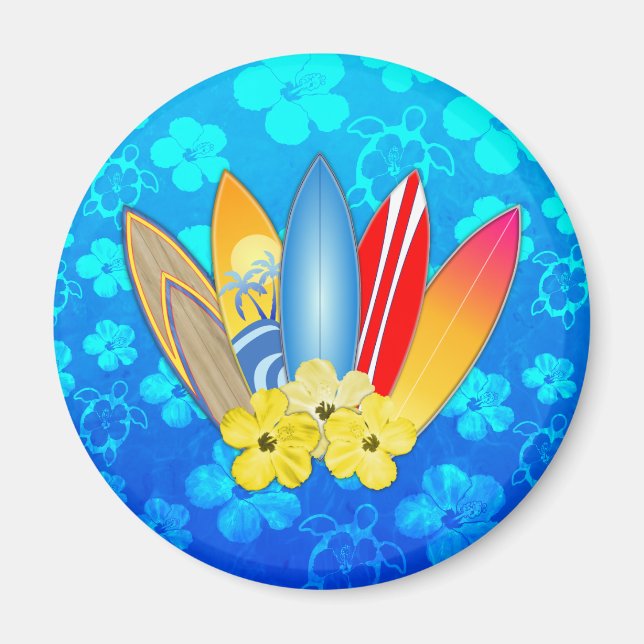 Surfboard och Hibiscus Flowers Magnet (Framsidan)