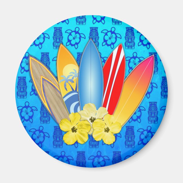 Surfboard och Hibiscus Flowers Magnet (Framsidan)
