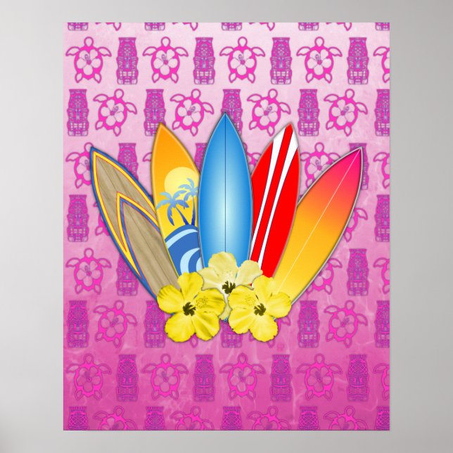 Surfboard och Hibiscus Flowers Poster (Framsidan)