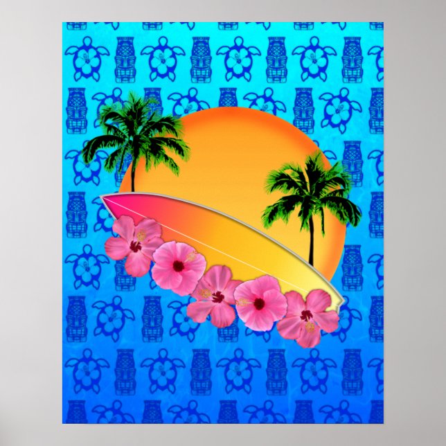 Surfboard och Hibiscus Flowers Poster (Framsidan)
