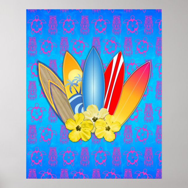 Surfboard och Hibiscus Flowers Poster (Framsidan)