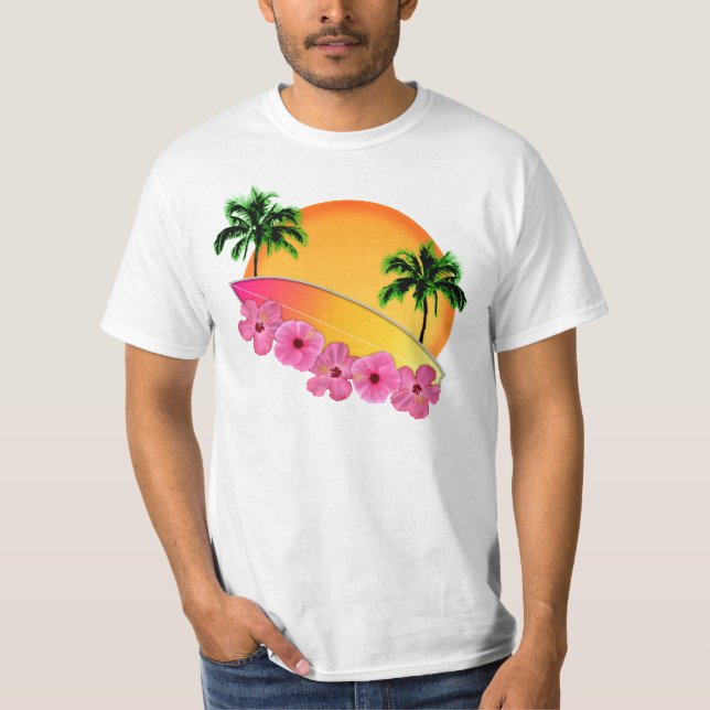 Surfboard och Hibiscus Flowers T Shirt (Framsida)