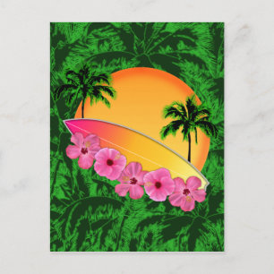 Surfboard och Hibiscus Flowers Vykort