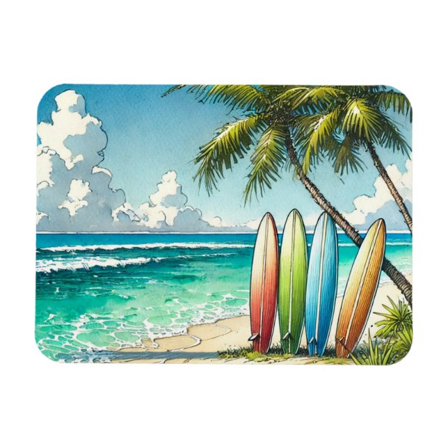 Surfboard på Beach Watercolor och Bläck Magnet (Horisontell)