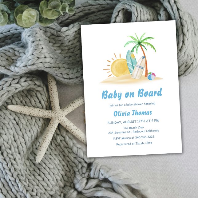 Surfboard Sunshine Beach Handflatan Träd Baby Show Inbjudningar (Surfboards Sunshine Beach Palm Tree Baby Shower Invitation)