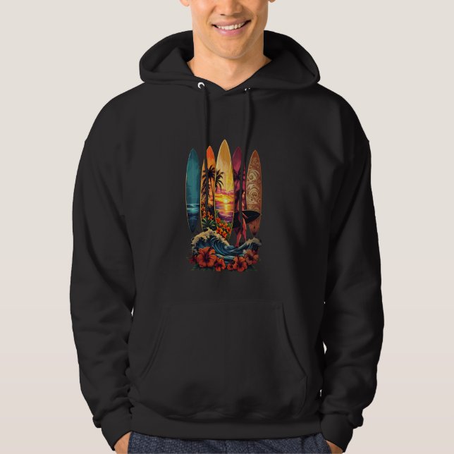Surfboard Surfboarder Hawaii Wave Surfa Älskare Hoodie (Framsida)