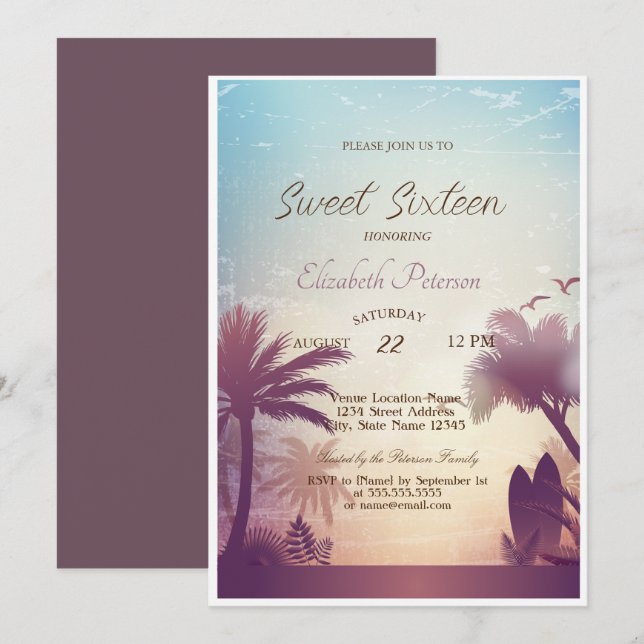 Surfboard Sweet handflatan 16 Party Inbjudningar (Fram/baksida)