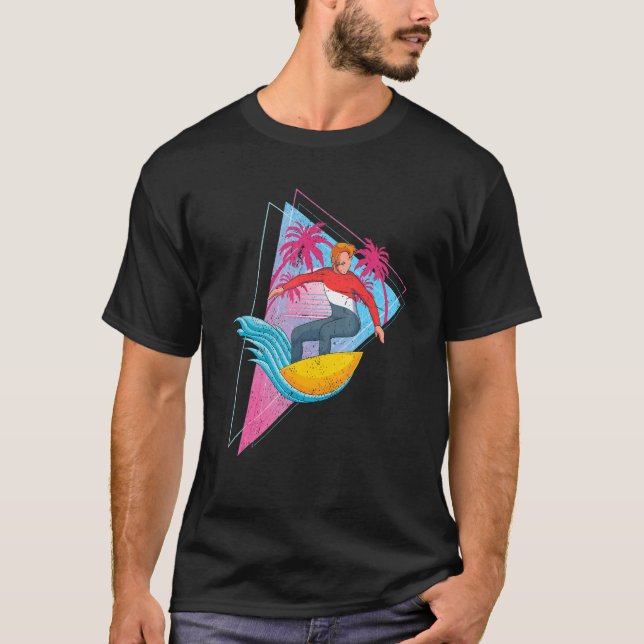 Surfboard Vågar Surfing Handflatan Träd Tropical S T Shirt (Framsida)