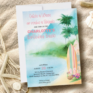 Surfboard Watercolor Beach Birthday Bash Inbjudningar