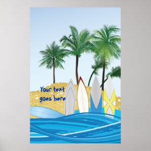 Surfbrädor på en tropisk strand med handflatan trä poster