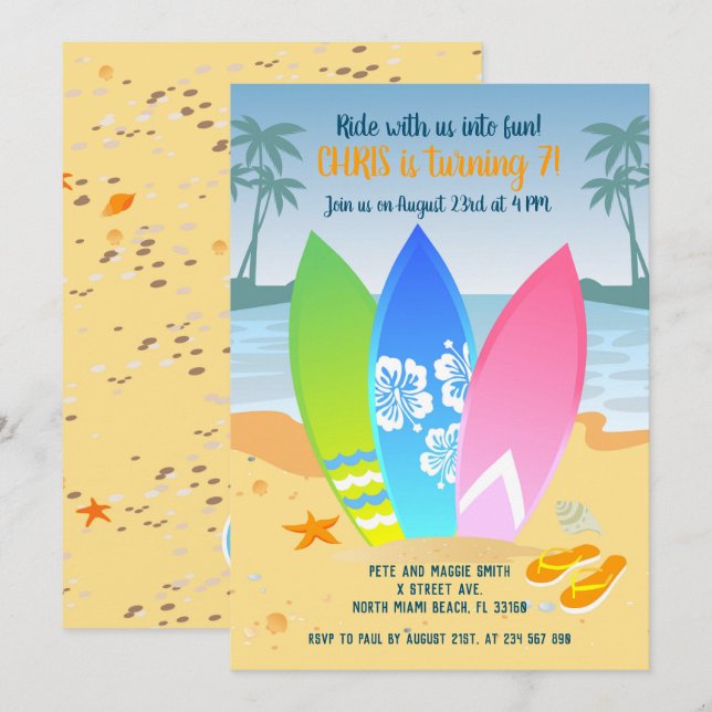 Surfbrädor på stranden barns födelsedag party inbjudningar (Fram/baksida)