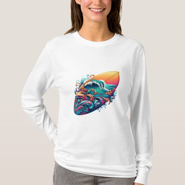 Surfbrett mit Wellen T Shirt (Framsida)