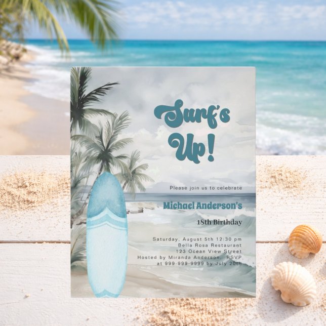 Surfens dag strand surfbräda retro födelsedagsfest (Skapare uppladdad)