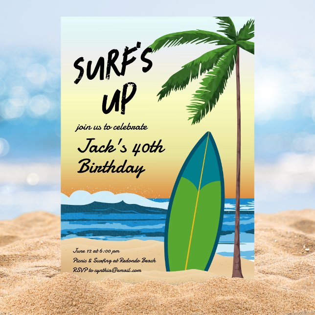 Surfens dag strandtema födelsedagsinbjudan inbjudningar (Skapare uppladdad)