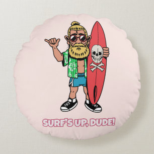 Surfens Upp Kompis Skäggig Tecknad Surfare Rund Kudde