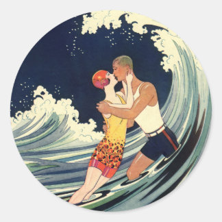 Surfer Älskare Kissing Vintage Illustration Runt Klistermärke