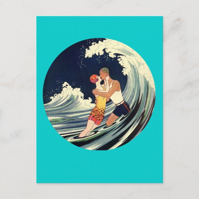 Surfer Älskare Kissing Vintage Illustration Vykort (Framsida)