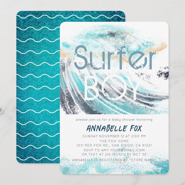 Surfer Boy Blue Wave Stänk Surfing Baby Shower Inbjudningar (Fram/baksida)
