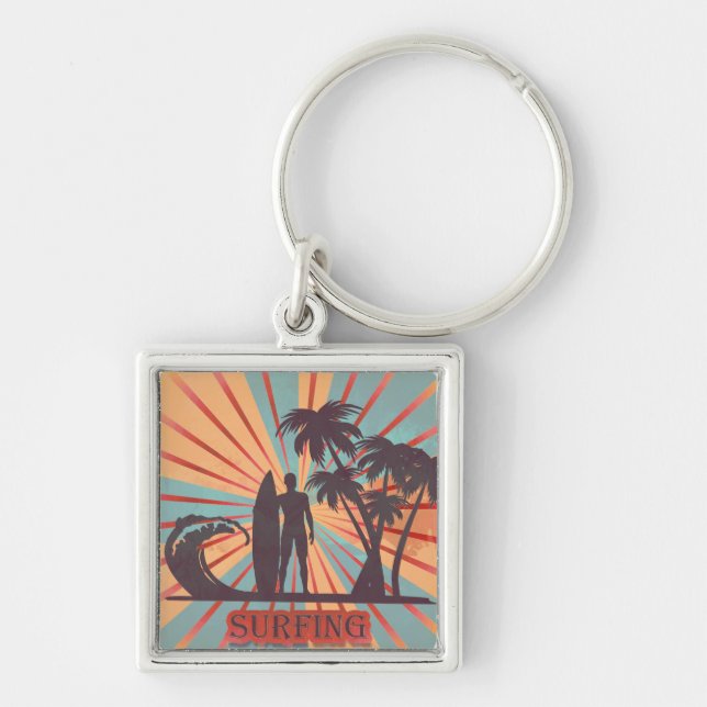 Surfer Boy Keychain Fyrkantig Silverfärgad Nyckelring (Framsidan)
